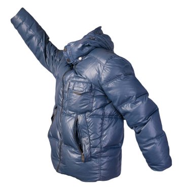 Beyaz arka planda izole edilmiş kapüşonlu erkek mavi ceketi. Rüzgarlık ceketi. Sıradan stil