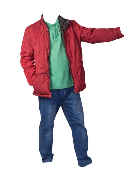 Röd Jacka Grön Skjorta Och Blå Jeans Isolerad Vit Bakgrund — Stockfoto