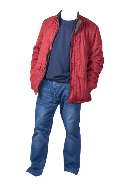 红色夹克 蓝色毛衣和蓝色牛仔裤 白色背景隔离 休闲装 — 图库照片