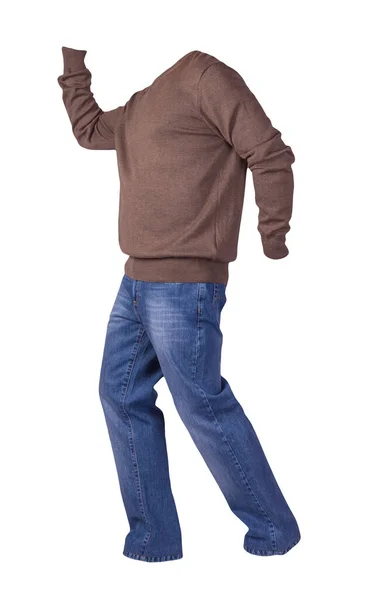 Camisola Marrom Dos Homens Calça Jeans Azul Isolado Fundo Branco — Fotografia de Stock
