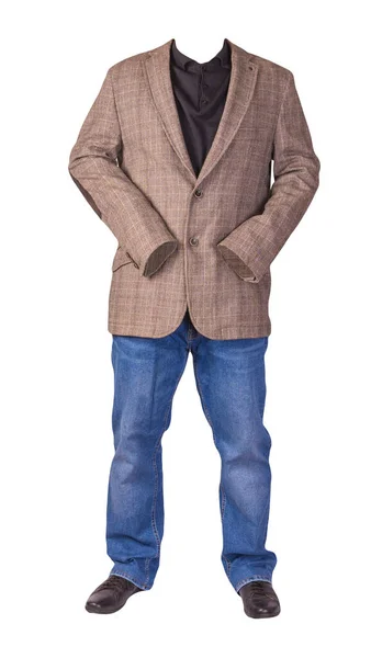 남성의 가벼운 남성의 청바지 가죽검은 스웨터 배경에 분리되어 — 스톡 사진