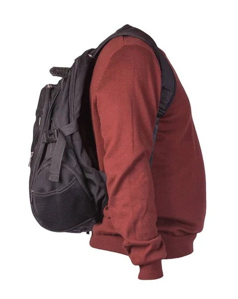 黑色背包 头戴针织红色毛衣 背景为白色 从后面看背包和男式毛衣 — 图库照片
