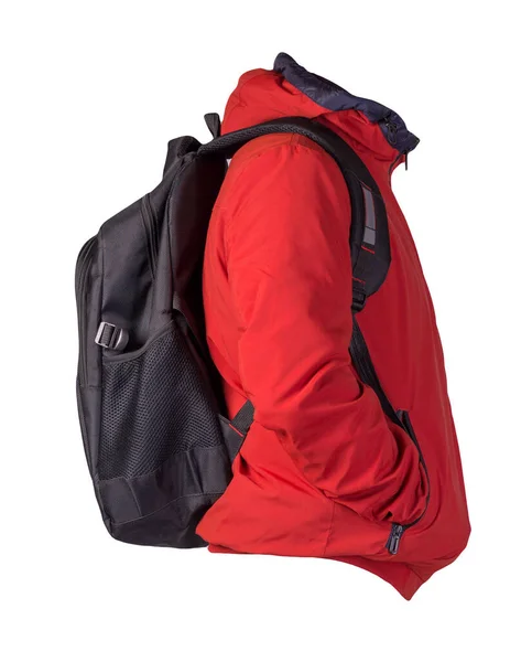 Schwarzer Rucksack Bekleidet Mit Einer Roten Jacke Auf Weißem Hintergrund — Stockfoto