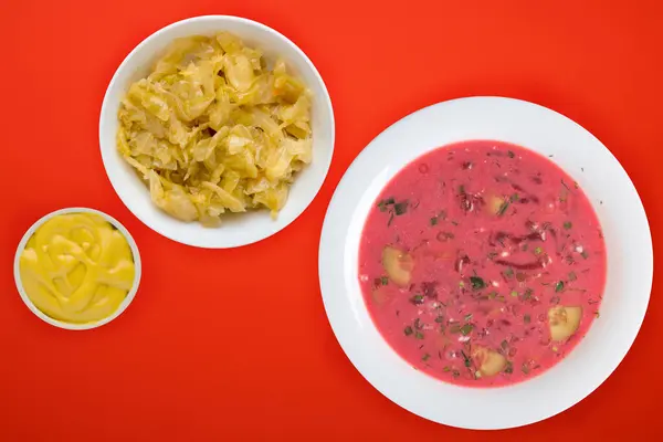 Beetroot Soup White Plate Vegetable Salad Red Background Cold Soup — 스톡 사진