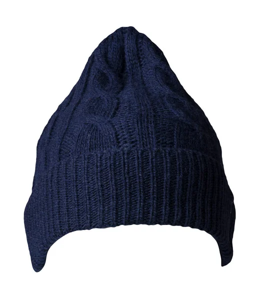 白色背景上孤立的针织深蓝色帽子 休闲风格的时尚服饰 — 图库照片
