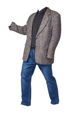 Beyaz arka planda siyah gömlekli ve kot pantolonlu adamlar. günlük biçim