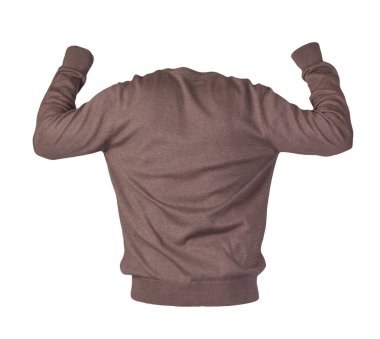 Örülmüş kahverengi süveter beyaz arka planda izole edilmiş. Erkek kazağı boynun altında. Sıradan stil