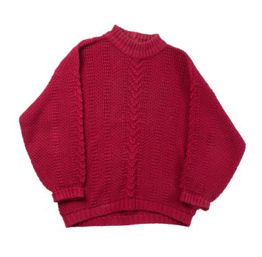 Kadın örgü kırmızı süveter beyaz arka planda izole edilmiş. Sıcak kış kadınlarının süveteri.