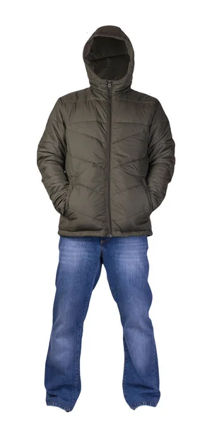 Hakki Män Jacka Och Blå Jeans Isolerad Vit Bakgrund Casual — Stockfoto