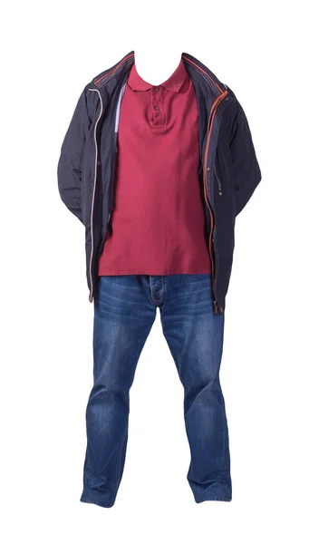 Blue Jacket Dark Red Shirt Blue Jeans Isolated White Background — 스톡 사진