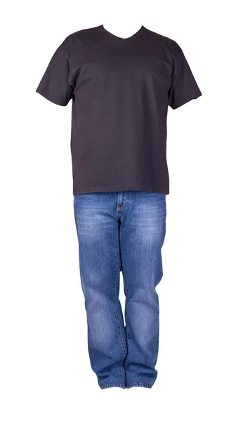 Camiseta Negra Los Hombres Pantalones Vaqueros Azules Aislados Ropa Background —  Fotos de Stock