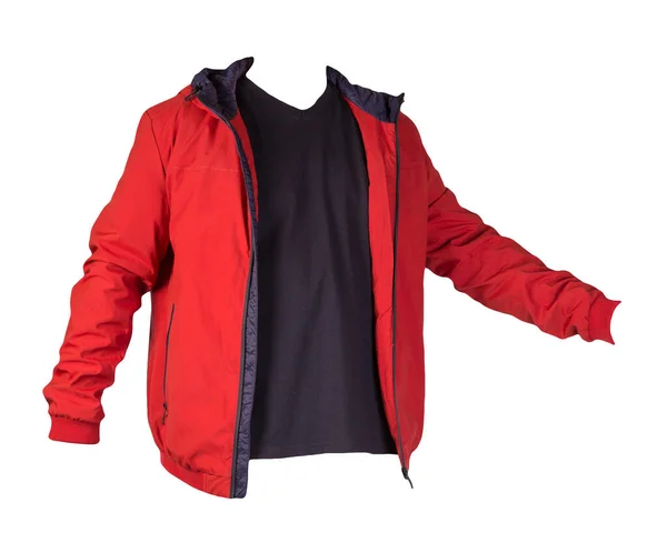 赤いジッパージャケットと黒のTシャツは白い背景に隔離されています カジュアルスタイル — ストック写真