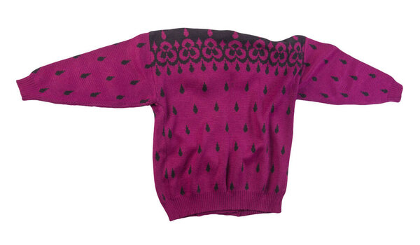 Женский вязаный коричневый свитер выделен на белом фоне. теплый зимний свитер женщины вид сверху
