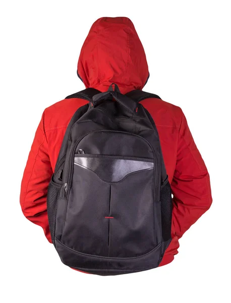 Schwarzer Rucksack Bekleidet Mit Einer Roten Jacke Auf Weißem Hintergrund — Stockfoto