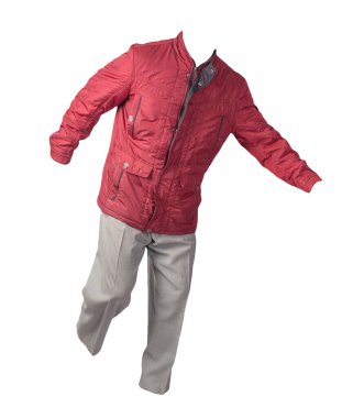 Beyaz arka planda kırmızı ceketli ve açık gri pantolonlu erkekler. Erkek sonbahar kıyafetleri.