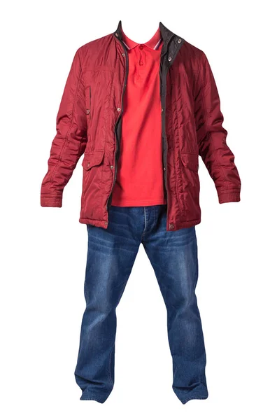 Jaqueta Vermelha Camisa Laranja Jeans Azul Isolado Fundo Branco Roupas — Fotografia de Stock