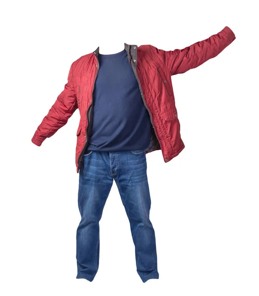 Jaqueta Vermelha Suéter Azul Jeans Azul Isolado Fundo Branco Roupas — Fotografia de Stock