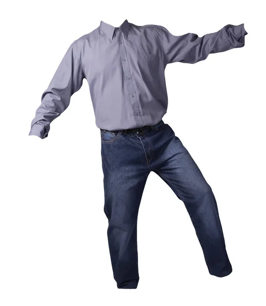 Camicia Viola Uomo Jeans Blu Isolati Sfondo Bianco Abbigliamento Casual — Foto Stock