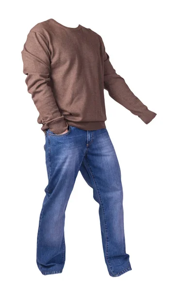 Men Brown Sweater Blue Jeans Isolated White Background Casual Clothing — Stock Photo, Image