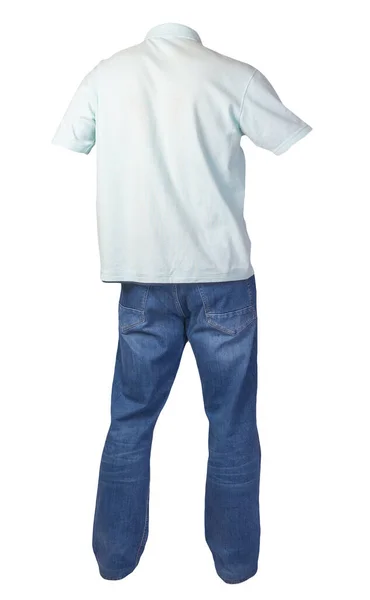 Shirt Turquesa Masculina Com Golas Botão Para Baixo Jeans Azuis — Fotografia de Stock
