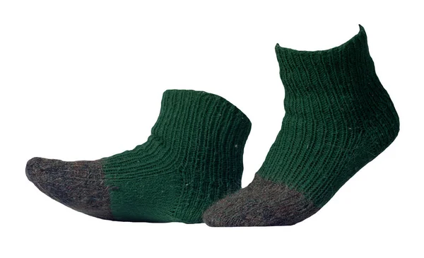Vlněná Tmavě Zelená Šedá Ponožky Izolované Bílém Pozadí Zimní Doplňky — Stock fotografie