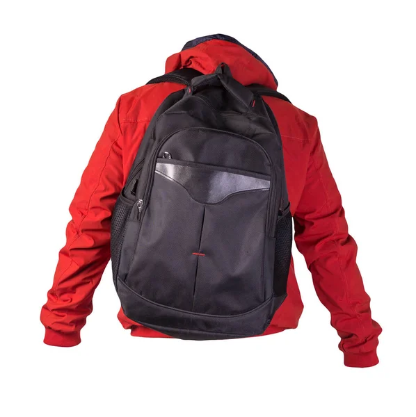 Black Backpack Dressed Red Jacket Isolated White Background Rear View — Stock Photo, Image