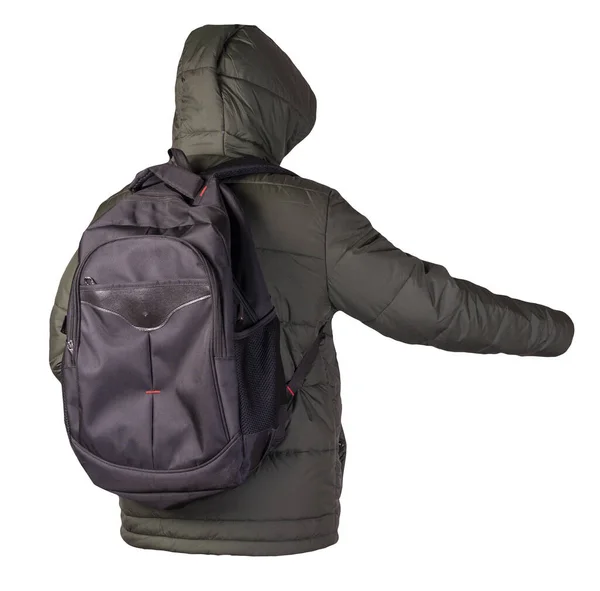 Schwarzer Rucksack Bekleidet Mit Einer Hakki Jacke Auf Weißem Hintergrund — Stockfoto