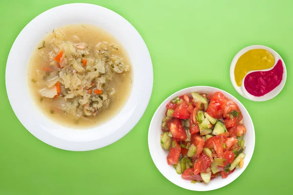 Cabbage Soup White Plate Lime Background Soup Vegetable Salad Vegetarian — 스톡 사진