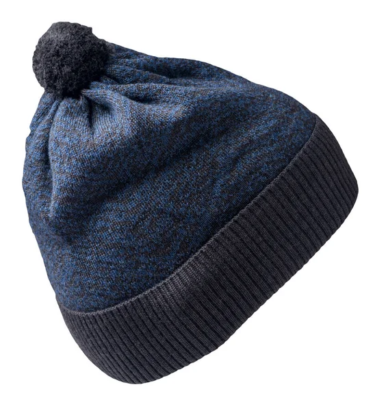 Gestrickte Blaugraue Mütze Isoliert Auf Weißem Hintergrund Hut Mit Bommel — Stockfoto