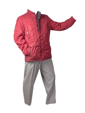 Beyaz arka planda kırmızı ceketli ve açık gri pantolonlu erkekler. Erkek sonbahar kıyafetleri.