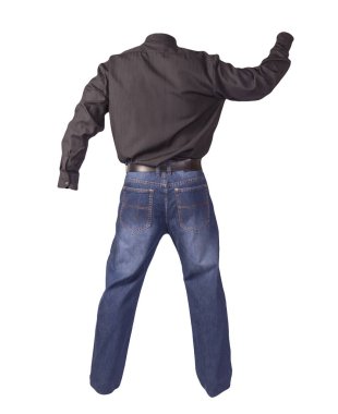 Uzun kollu siyah erkek gömleği ve beyaz arka planda izole edilmiş mavi kot pantolon. gündelik kıyafet