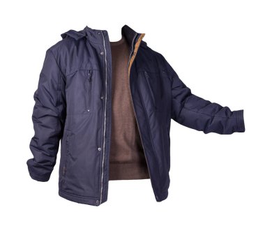 Mavi ceket ve kahverengi kazak beyaz arka planda izole edilmiş. Bolonya ceketi ve yün kazak.