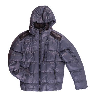 Beyaz arka planda izole edilmiş kapüşonlu fermuarlı mavi erkek ceketi. Rüzgarlık ceketi. Sıradan stil