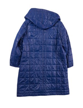  Beyaz arka planda izole edilmiş kapüşonlu kadın mavi ceketi. Sonbahar kadın ceketi yağmurdan ıslanmamış