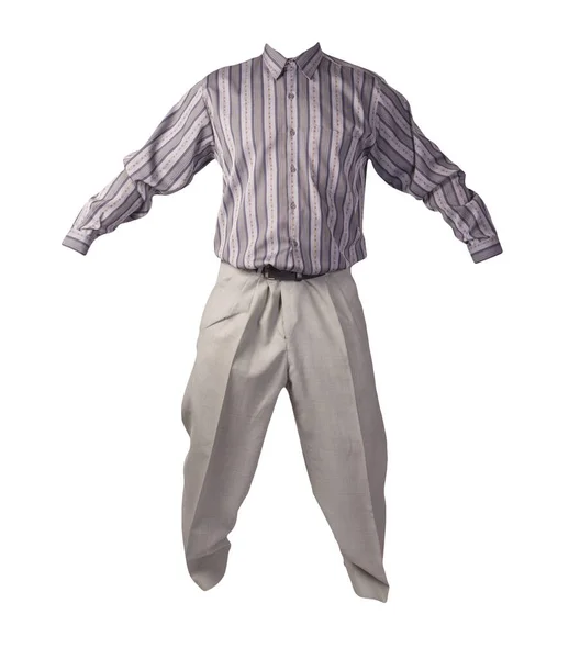 男性用グレーのストライプシャツと薄いグレーのパンツが白い背景に隔離されています ファッションウェア — ストック写真