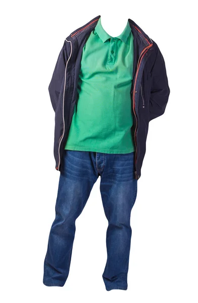 Casaco Azul Escuro Com Zíper Camisa Verde Jeans Azul Isolado — Fotografia de Stock
