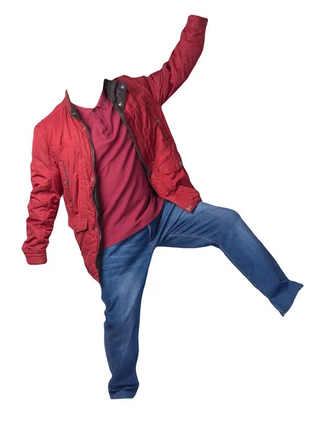 Червона Куртка Темно Червона Сорочка Сині Джинси Ізольовані Білому Тлі — стокове фото