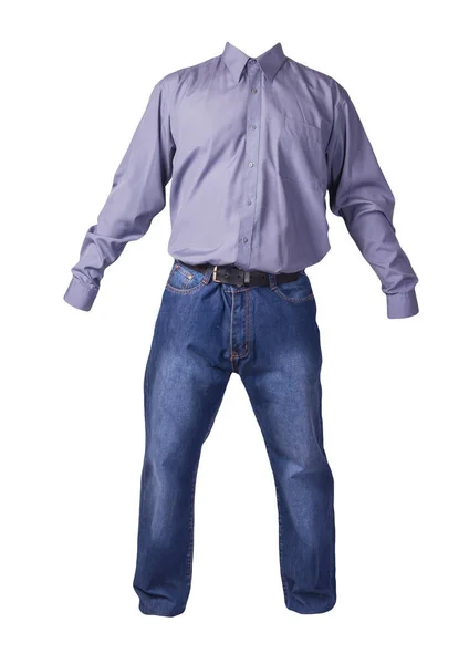 男式紫色衬衫 长袖子 蓝色牛仔裤 白色背景 休闲装 — 图库照片