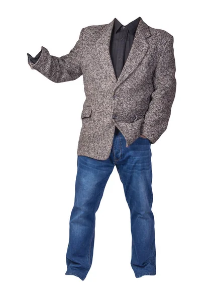 Männer Graue Jacke Mit Schwarzem Hemd Und Blauer Jeans Auf — Stockfoto