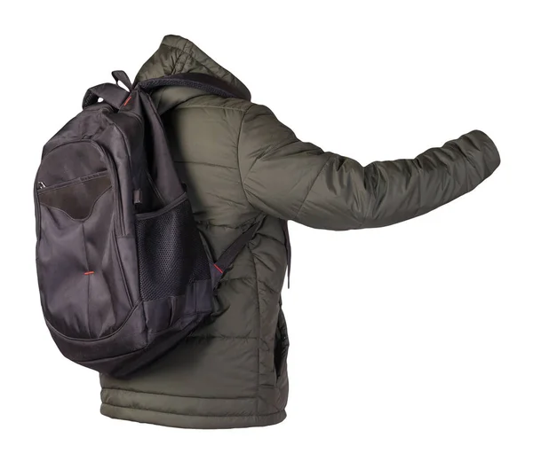 Schwarzer Rucksack Bekleidet Mit Einer Hakki Jacke Auf Weißem Hintergrund — Stockfoto