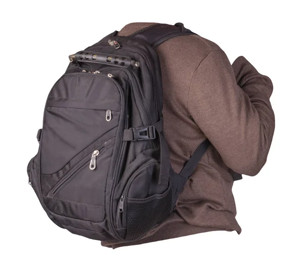 Schwarzer Rucksack Bekleidet Mit Einem Strickpullover Braun Isoliert Auf Weißem — Stockfoto