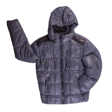 Beyaz arka planda izole edilmiş kapüşonlu fermuarlı mavi erkek ceketi. Rüzgarlık ceketi. Sıradan stil