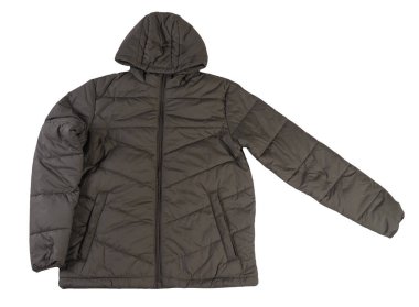 Beyaz arka planda izole edilmiş kapüşonlu bir erkek hakki ceketi. Rüzgarlık ceketli üst manzara. Sıradan stil