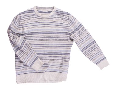 Beyaz arka planda izole edilmiş beyaz gri süveter. Erkek süveteri, boyun üstü manzarasının altında. Sıradan stil