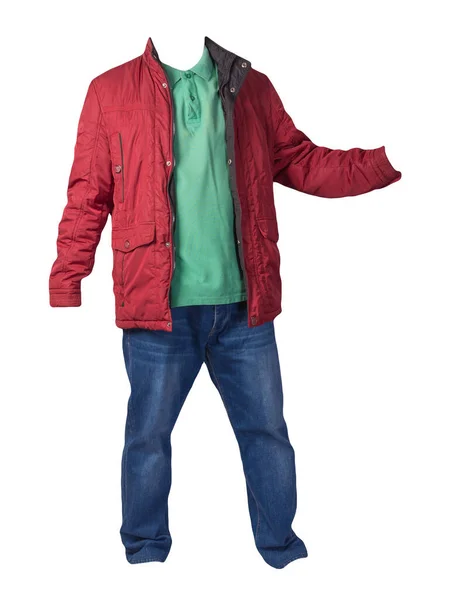 Rote Jacke Grünes Hemd Und Blaue Jeans Auf Weißem Hintergrund — Stockfoto