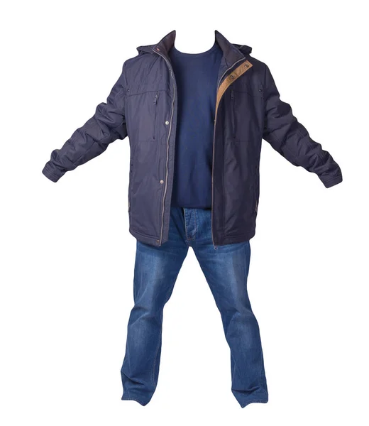 Blue Jacket Blue Sweater Blue Jeans Isolated White Background Casual — 图库照片