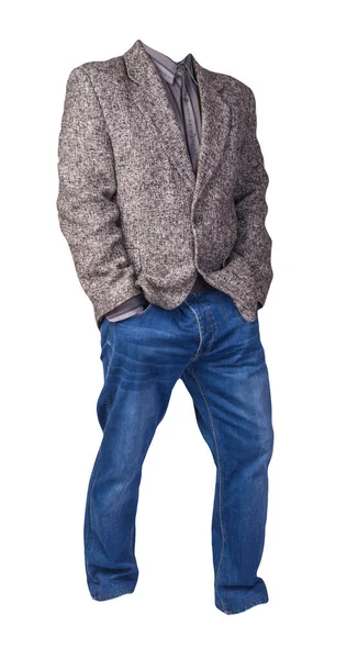 Homme Veste Grise Avec Chemise Rayures Grises Jeans Bleus Isolé — Photo