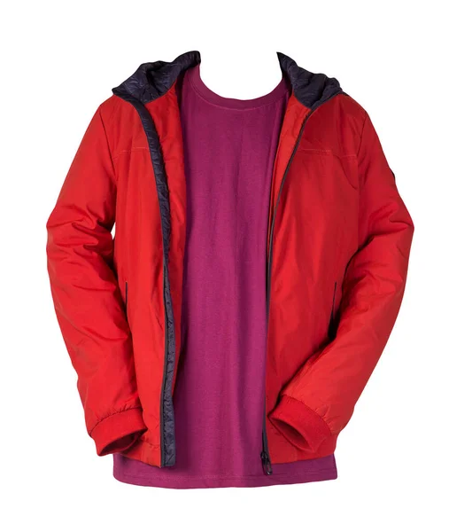 Beyaz Arka Planda Kırmızı Fermuarlı Ceket Bordo Tişört Sıradan Stil — Stok fotoğraf