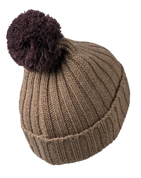 Chapeau Beige Tricoté Isolé Sur Fond Blanc Chapeau Avec Pompon — Photo