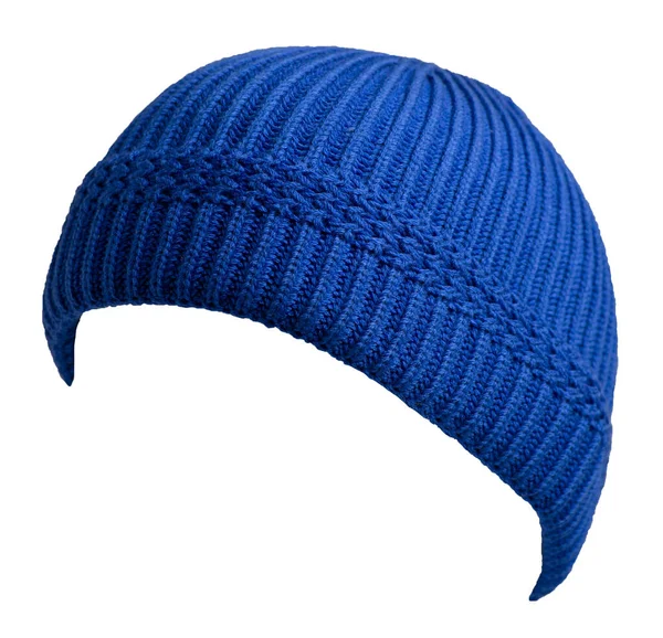 多克在白色背景下编织了一顶蓝色的帽子 流行的说唱歌手帽 帽子渔夫 — 图库照片